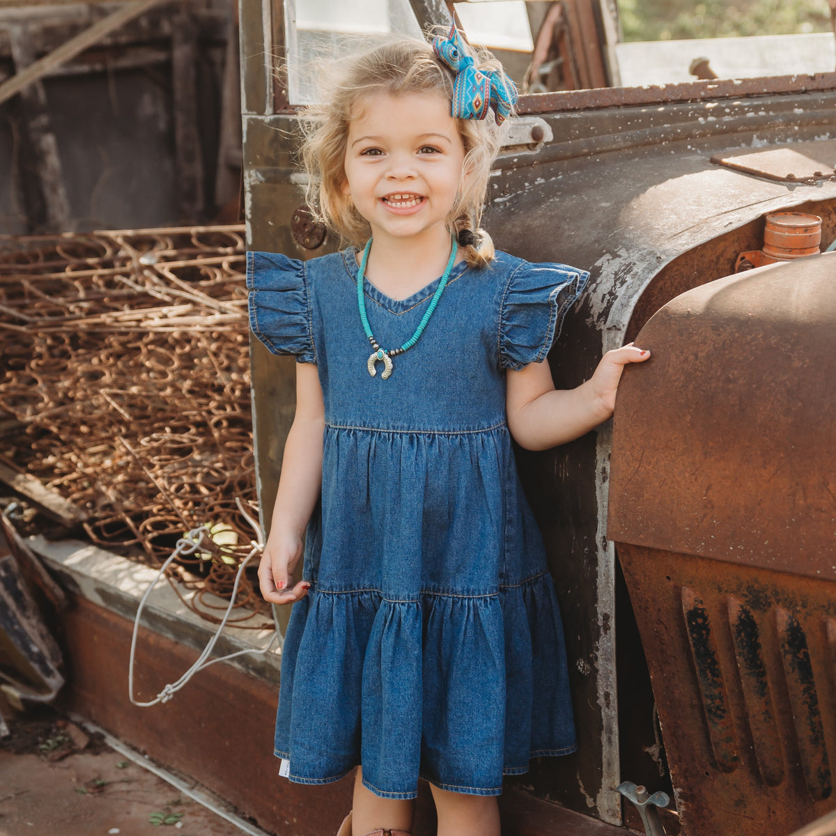 Shea Baby Girls Denim Ruffle Short Sleeve Dress Blue 3/6