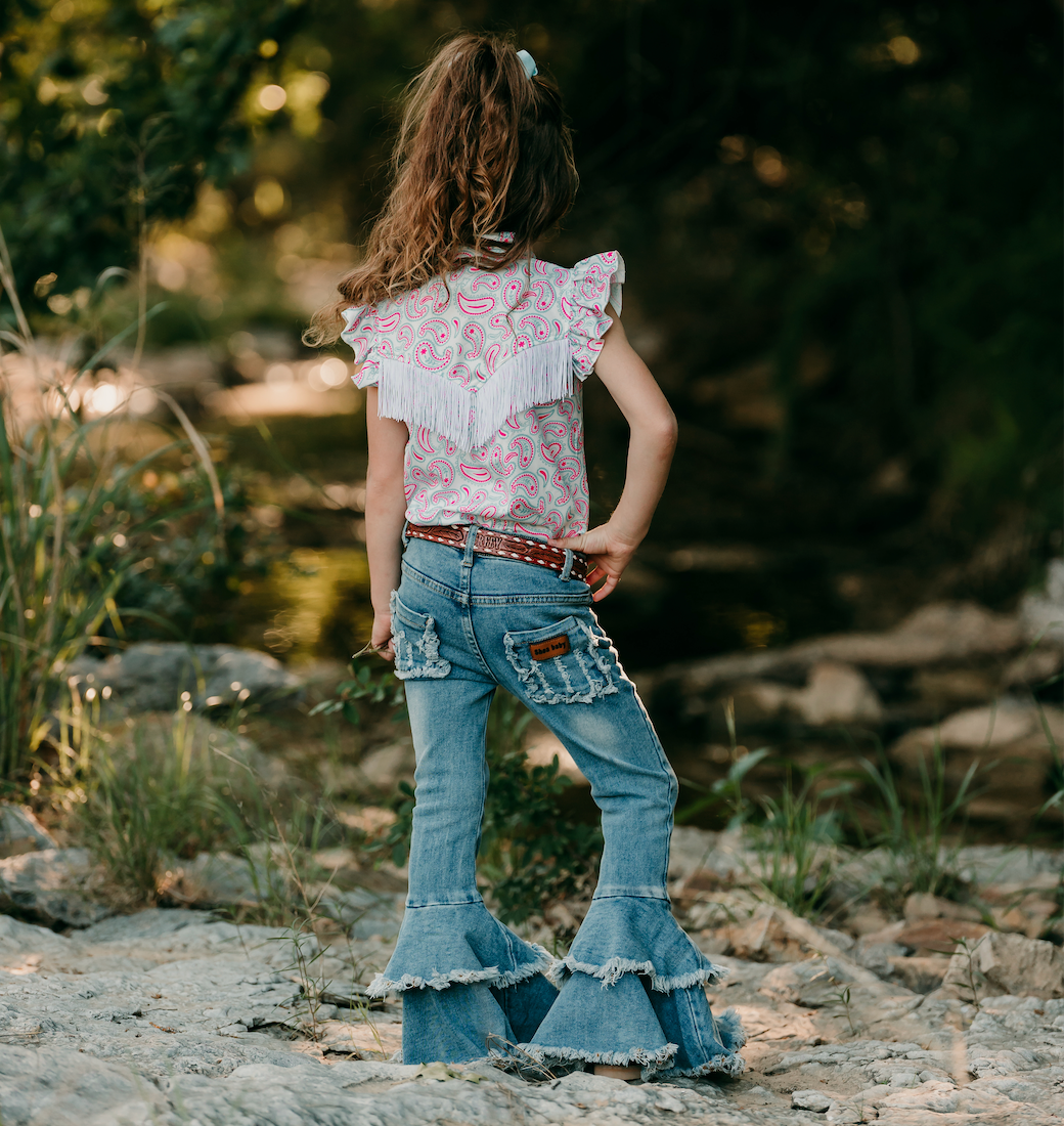 Ruffle bell bottom pants denim clearance