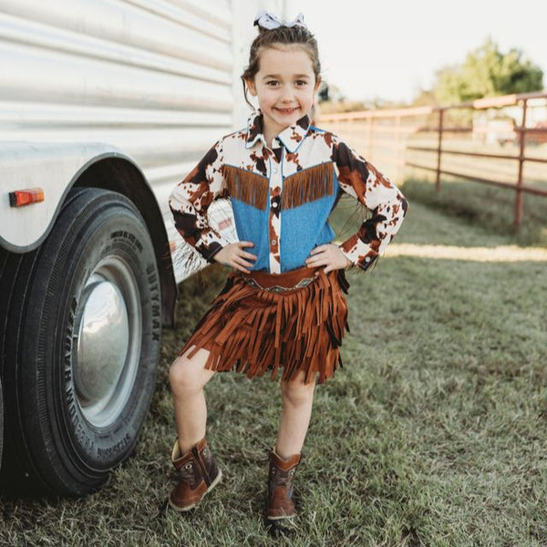 Brown Cowprint Fringe LS Pearl Snap Shirt, (2T-5T) – Shea Baby
