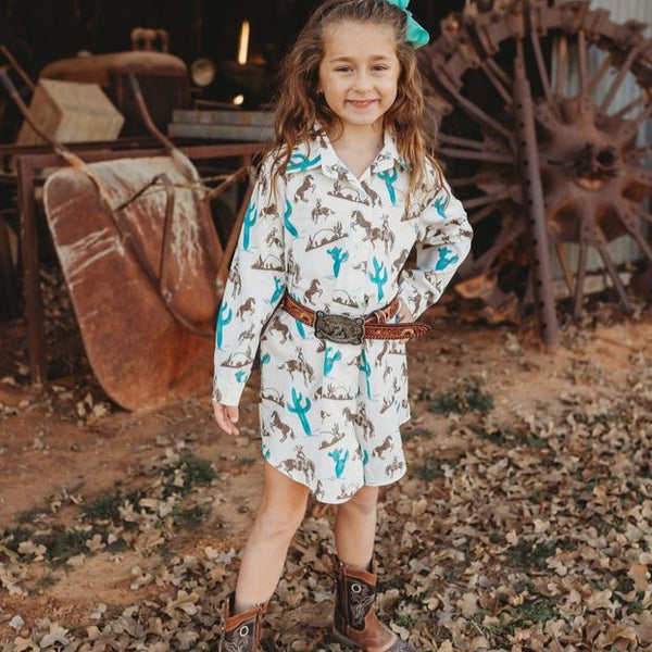 Western Dress Jumpsuit Dress Kids Gettin' Western Button Up Long Sleeve  Dress Toddler (2T-5T)  Shea