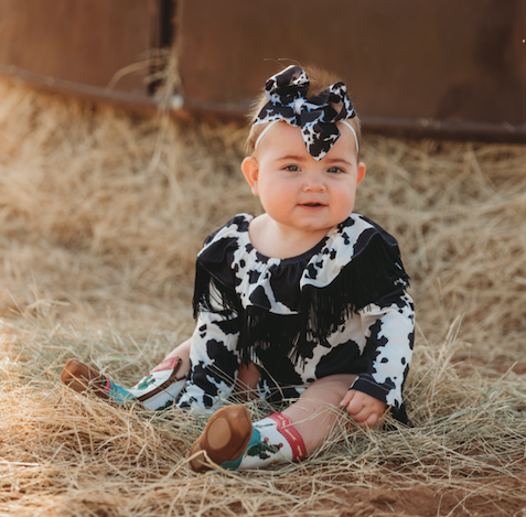 Cowprint Off Shoulder Fringe Onesie Baby 0 18M